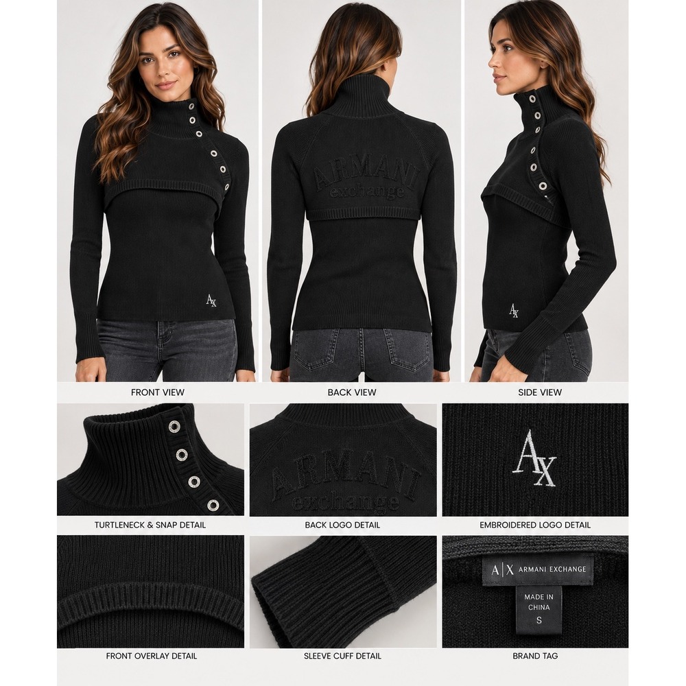 Vintage Armani Exchange AX Black Ribbed Turtleneck Button Neck Logo Sweater S